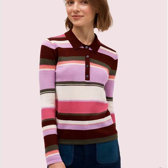 Kate Spade Fine Stripe Polo Sweater 100% Merino Wool Tight Knit preppy light EUC - Picture 1 of 10